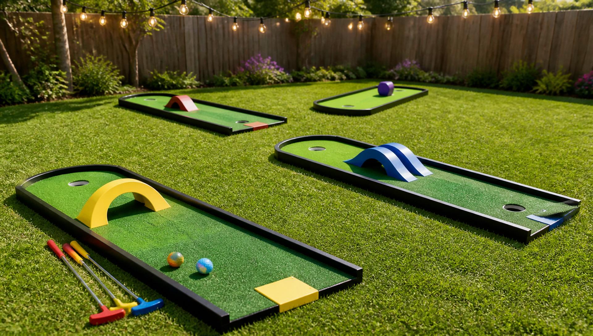 Family playing portable mini golf at a Martinsburg WV backyard birthday party
