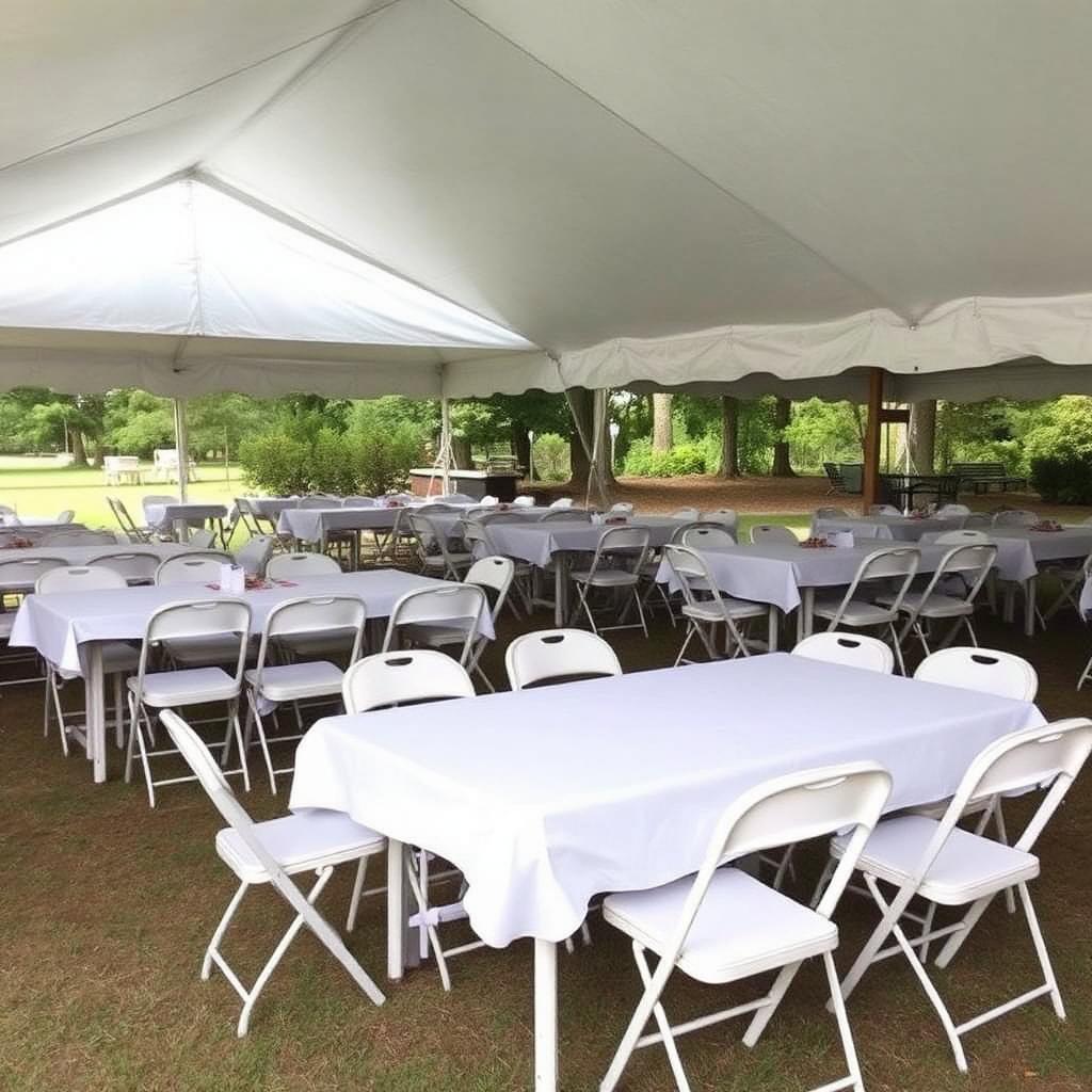 Tables and chairs under a tent at a Martinsburg WV company picnic